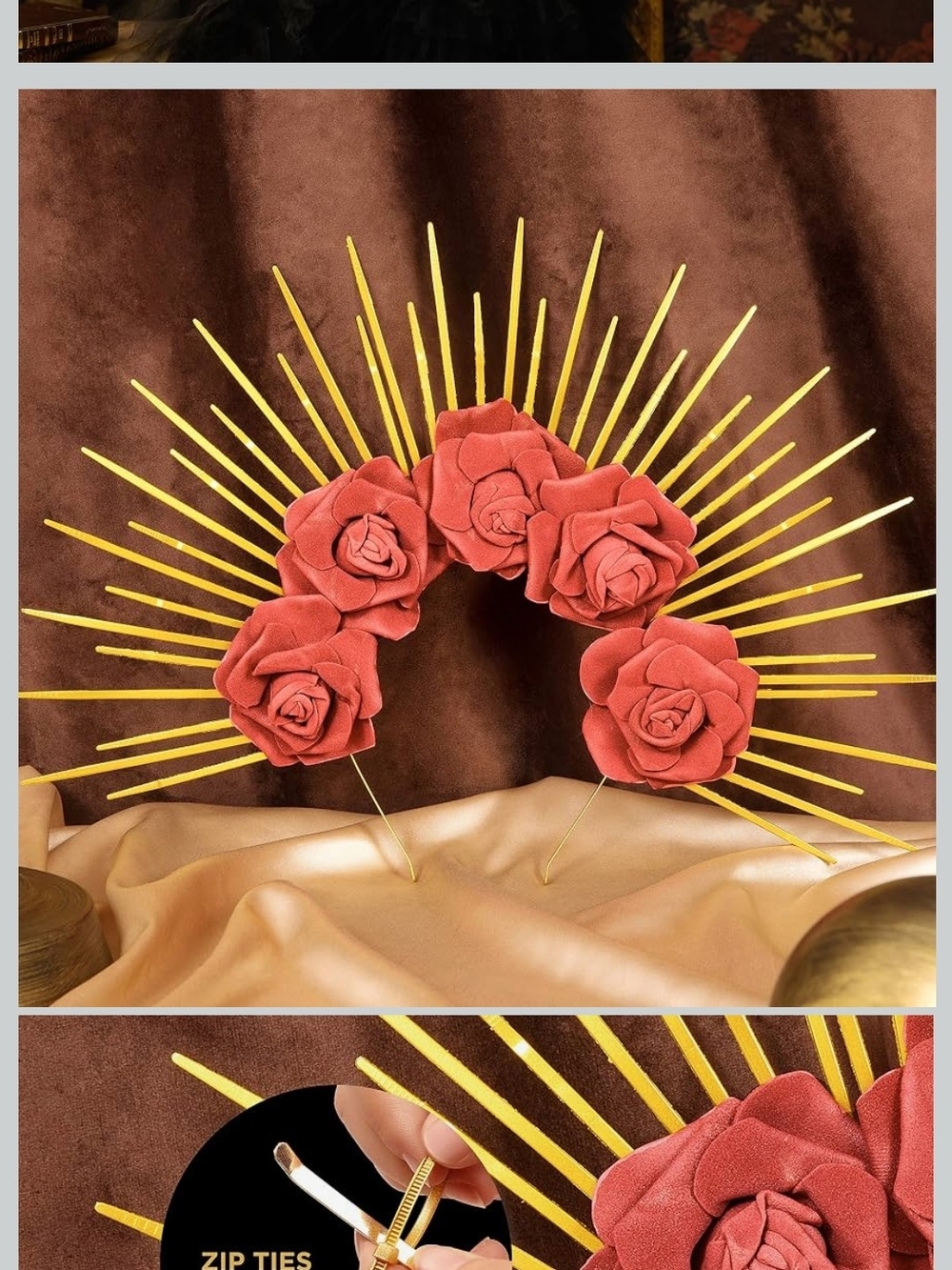 Gold Halo Headband with Red Fabric Roses